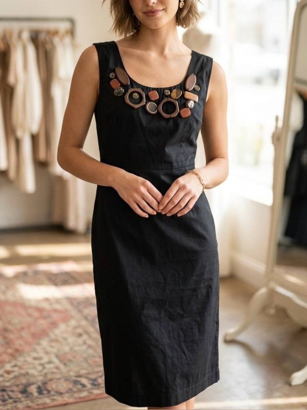 NWT Apostrophe Black Sleeveless  Midi Dress Brown Beaded Accent Size XL